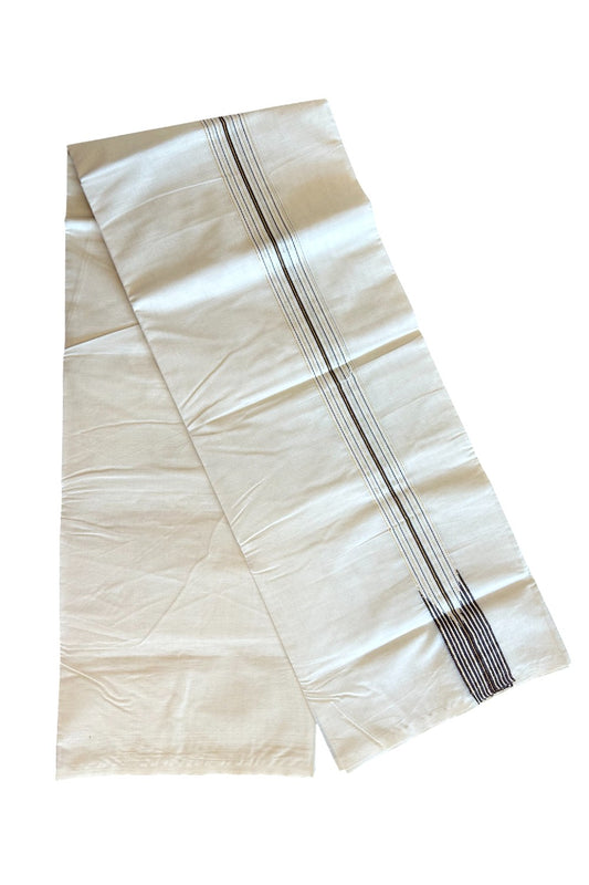 21% DISCOUNT ! KaithariKada 100% Cotton OFF WHITE Double - (Unbleached) Dhoti/Mundu - 12 Line Puliyilakkara Chutty Brown & Kasavu Stripes - 4KK5063KKK