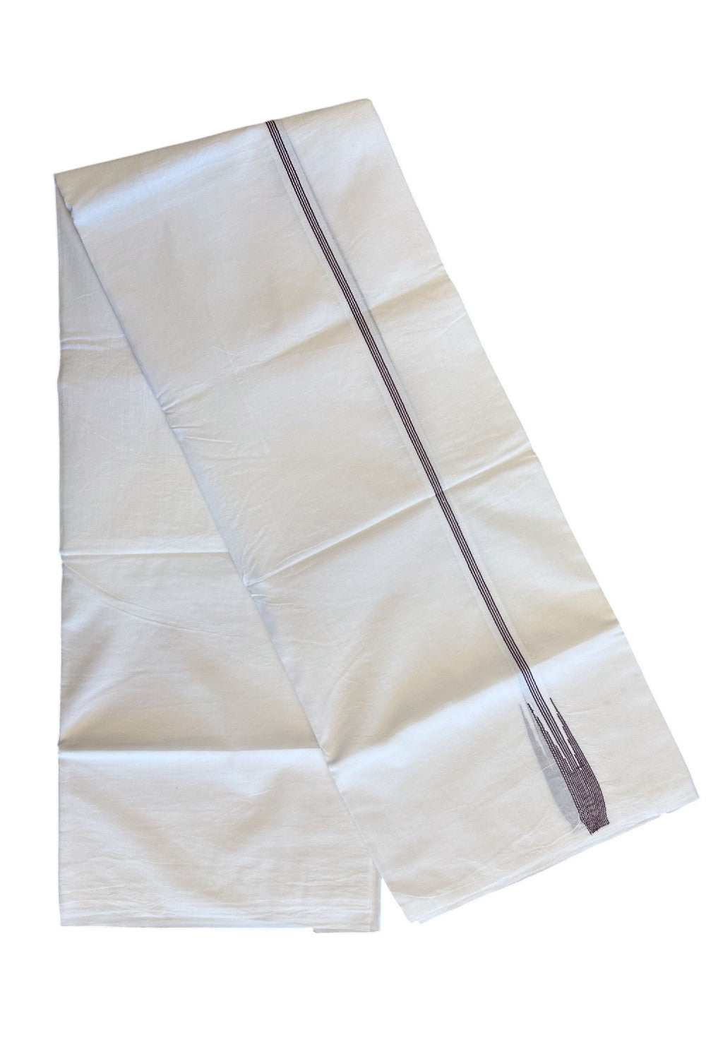 19% DISCOUNT!! KaithariKada Balaramapuram 100% Cotton PURE WHITE Double Mundu/Dhoti-100x100  1.5 cm Puliyilakkara  4 line Brown striped chutty - 4KK5066KK