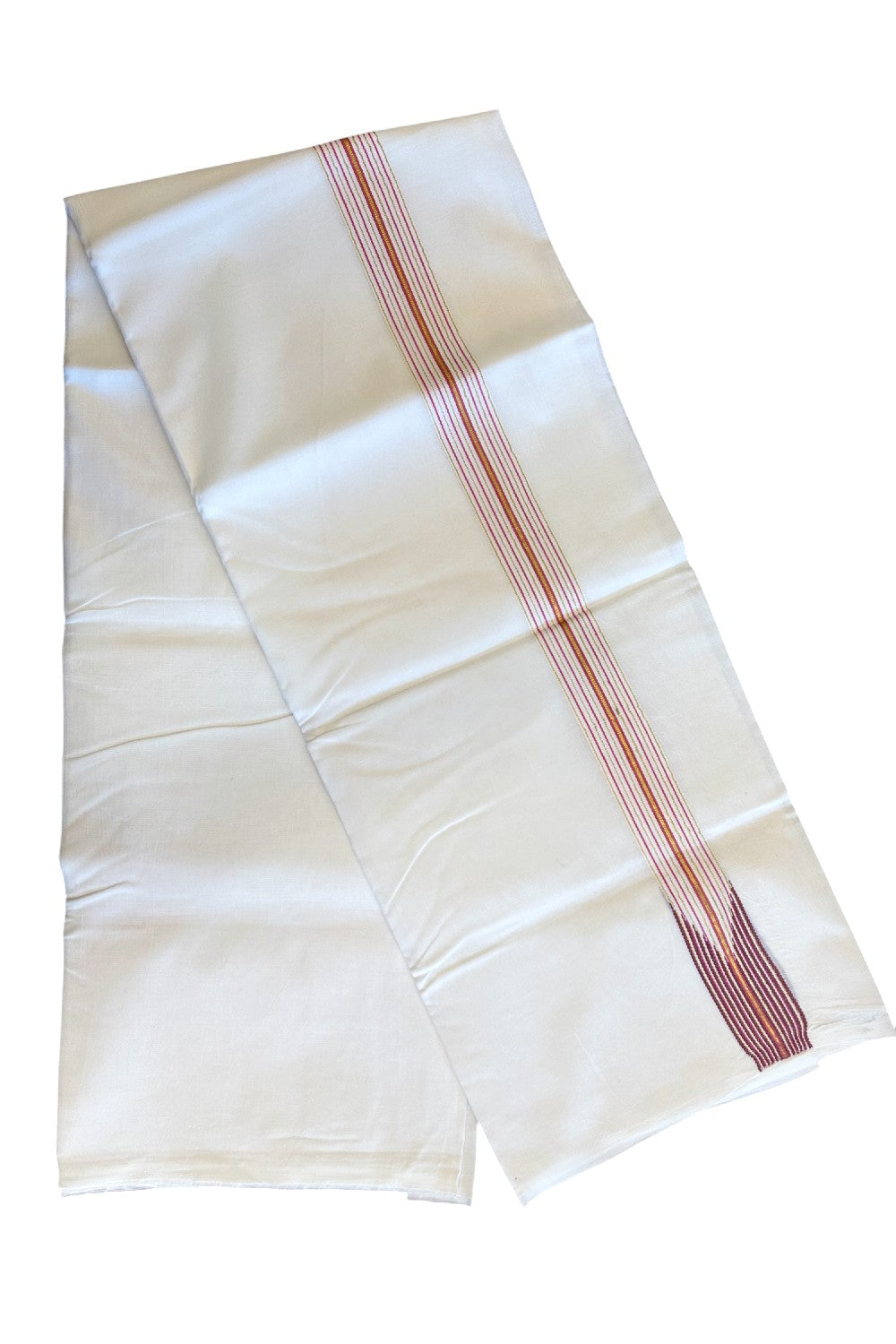 19% DISCOUNT ! KaithariKada 100% Cotton PURE WHITE Double Dhoti/Mundu- 12 Line Wine Red Puliyilakkara Chutty Pink & Kasavu Stripes- 4KK5067KK