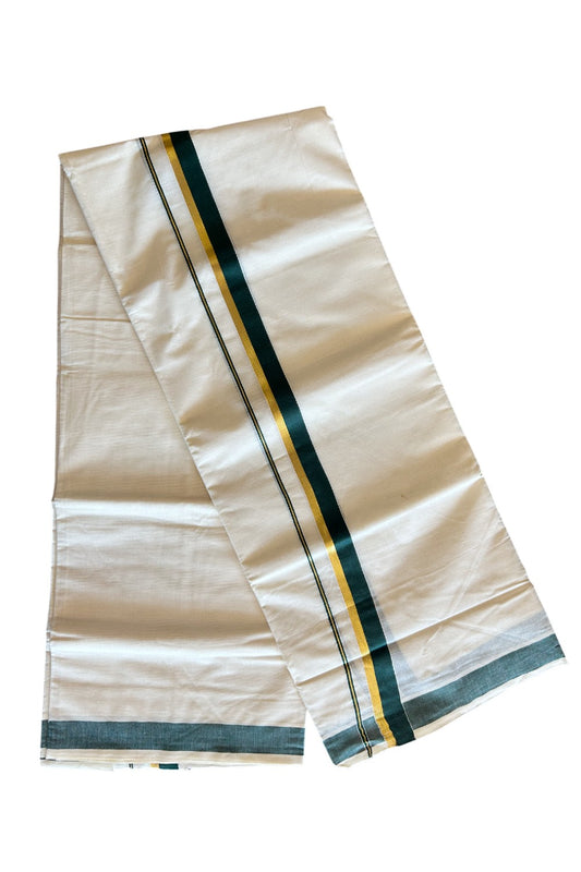 10% Discount! KaithariKada Balaramapuram 100% Cotton Off White - (Unbleached) Double Mundu/Dhoti-80x72 DARK GREEN & KASAVU - 8KK57VIN