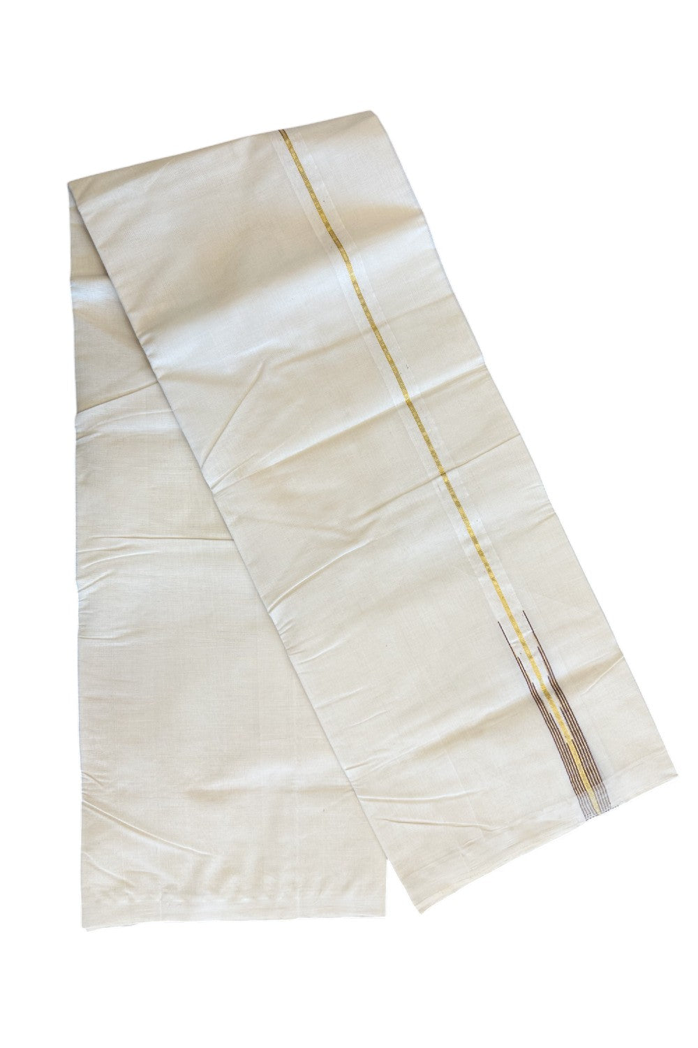 21% DISCOUNT!! KaithariKada HANDLOOM Millpaav Balaramapuram - 100% PURE Cotton OFF White (Unbleached) Double Mundu/Dothi - Puliyilakkara kasavu maroon chutty & stripes - 14KK86RAM