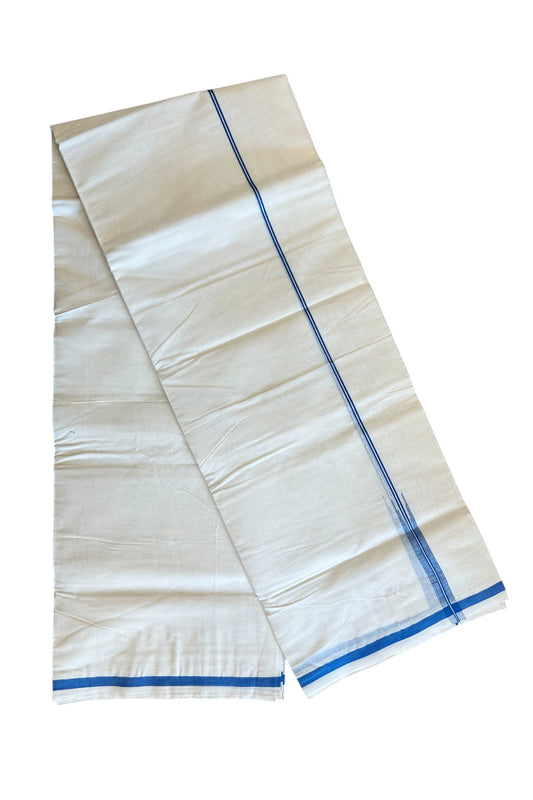 21% DISCOUNT!! KaithariKada Balaramapuram 100% Cotton off white Double - (Unbleached) Mundu/Dhoti-100x100  Puliyilakkara Chutty Electric Blue & Silver Kasavu Kara - 22KK401VIN