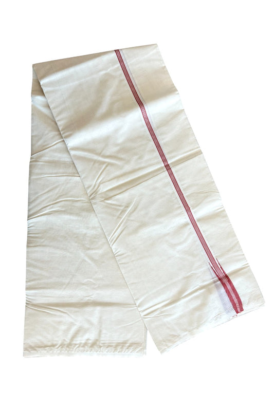 New!! 26% Discount ! KaithariKada Balaramapuram 100% Cotton Off white (Unbleached) Double Mundu/Dhoti-100x100 Puliyilakkara 2.cm Chutty BRICK RED Striped kara - 20KK417ASH