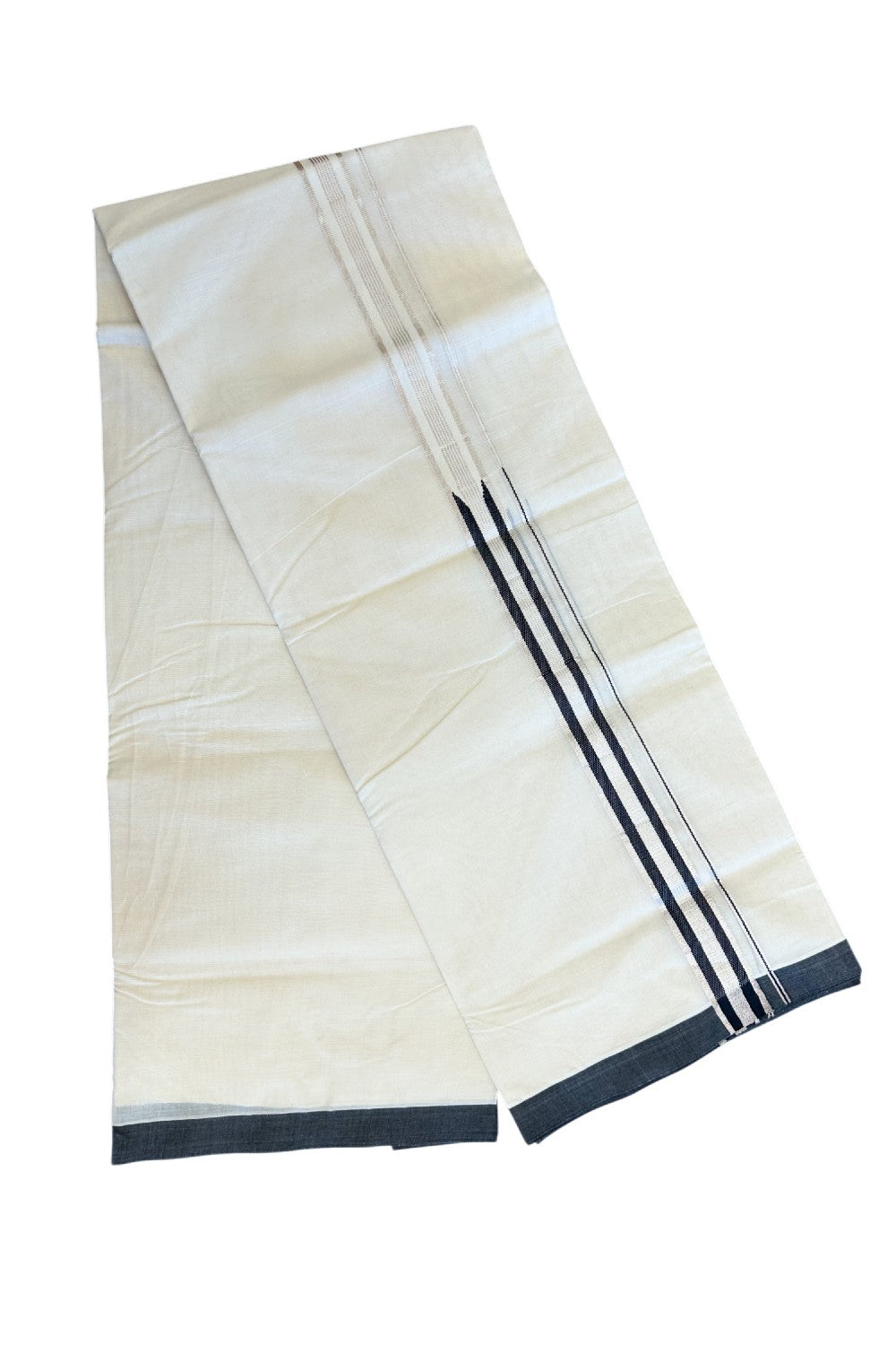 19% DISCOUNT! KaithariKada Balaramapuram 100% Cotton Double Off white Mundu/Dhoti-100x100 2 inch Chutty Heavy Designer Black & SILVER Kasavu Kara - 14KK400ASH