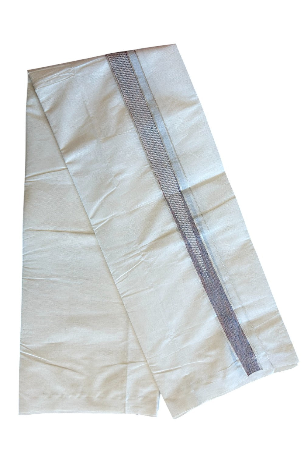 5% Discount!!! KaithariKada Balaramapuram  Double Off white - (Unbleached) Mundu/Dhoti - 80X90 - 2 inch Silver kasavu Multi colour heavy chutty kara - 4KK5077KAI