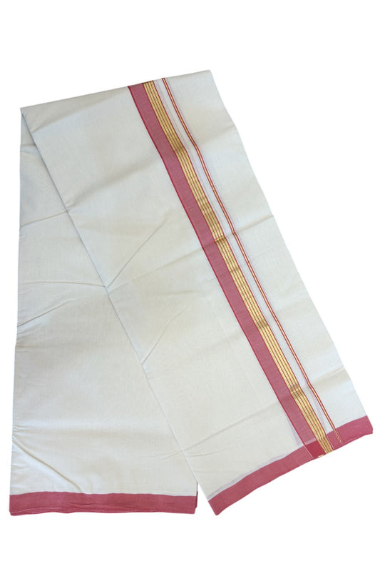 19% Discount !! KaithariKada HANDLOOM millpaav Balaramapuram - 100% PURE Cotton OFF White Double - (Unbleached)  Mundu/Dothi - 2.25  inch Kasavu stripes & Reddish Pink Kara 4.5 Meters (10 Muzham) - 4KK5081RAM