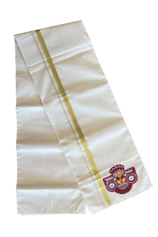 KaithariKada Balaramapuram 100% Cotton Double Off white - (Ubleached) Mundu/Dhoti-100x80 1 inch Kasavu & Hand Painted Theyyam Design Kara 3.70 meter- 4KK5083ASH