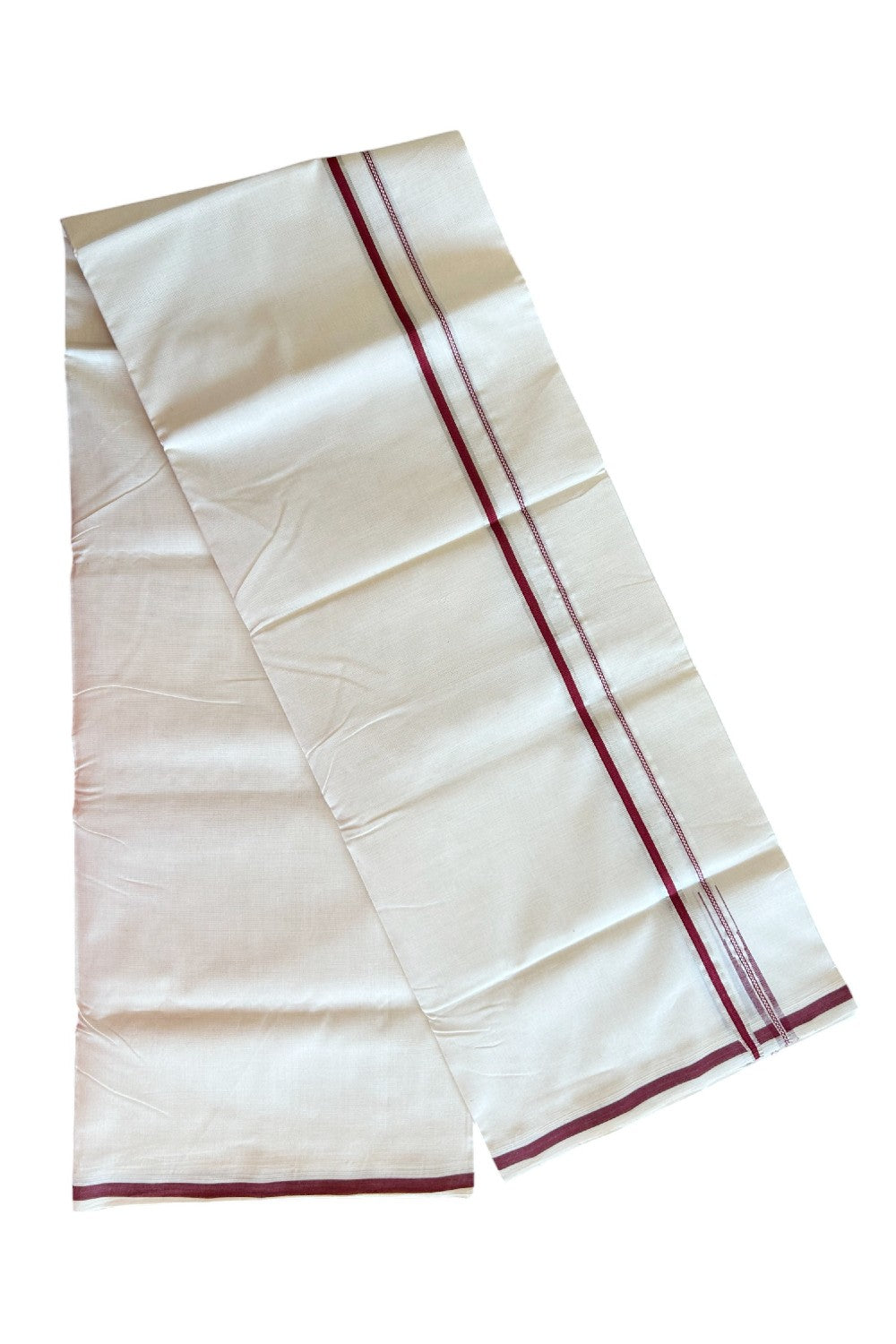 19% DISCOUNT!! KaithariKada HANDLOOM UNAKKUPAAV Balaramapuram - 100% PURE Cotton OFF White - (Unbleached) Double Mundu/Dothi - 1 cm Puliyilakkara Maroon & Silver Kasavu chutty Kara - 4KK5089YAR