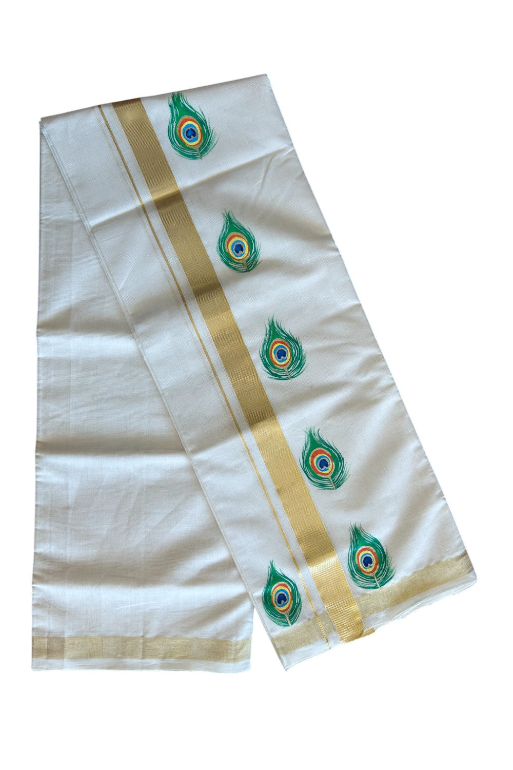 KaithariKada HANDLOOM Millpaav Balaramapuram - 100% PURE Cotton OFF White - (Unbleached) Double Mundu/Dothi - 1.75 Inch Kasavu kara Hand Painted Peacock feather Design - 4KK5091RAM