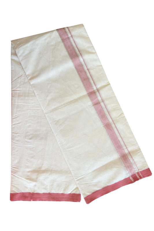 19% DISCOUNT ! KaithariKada 100% Cotton OFF WHITE (Unbleached) Double Dhoti/Mundu- 1.75 inch Puliyilakkara Reddish Pink & Silver Striped Kara 4.26 Meters (9.13 Muzham) - 4KK5093ASH