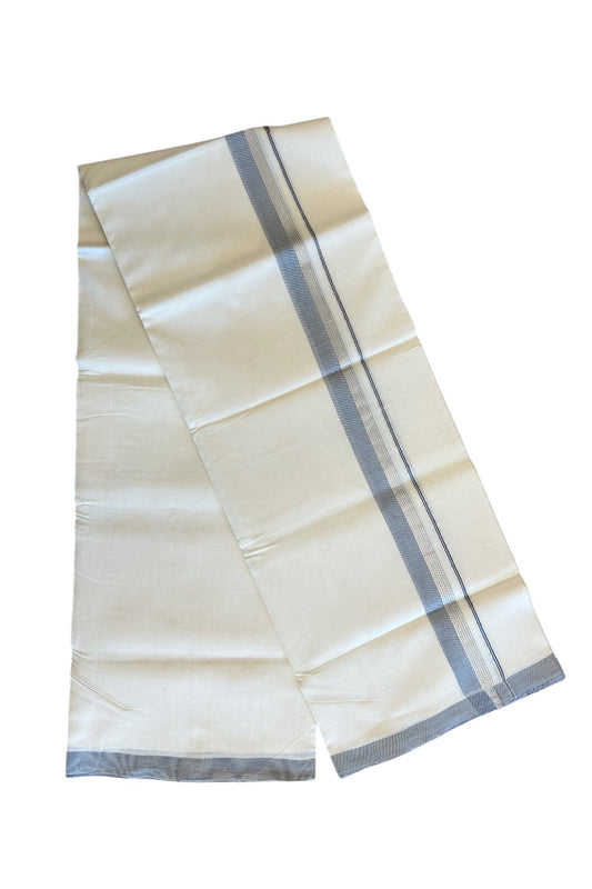 19% Discount! KaithariKada HANDLOOM UNAKKUPAAV Balaramapuram - 100% Cotton Double OFF White (Unbleached) - Mundu/Dhoti - 100x100 2.25 inch Blue &Silver kasavu Stripes Kara - 4KK5096YAR