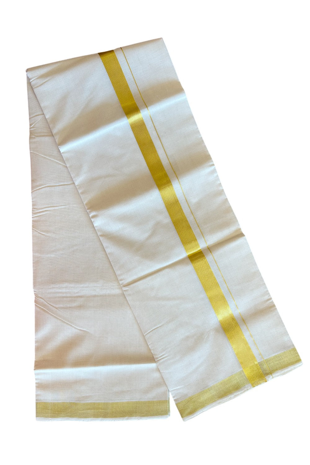 30% DISCOUNT!! KaithariKada HANDLOOM Unakkupaavu Balaramapuram - 100% Cotton Double OFF White - (Unbleached) Mundu/Dhoti - 100x100 - 1.5 inch Gold Kasavu Kara 3.80 meters - 4KK5099ELA