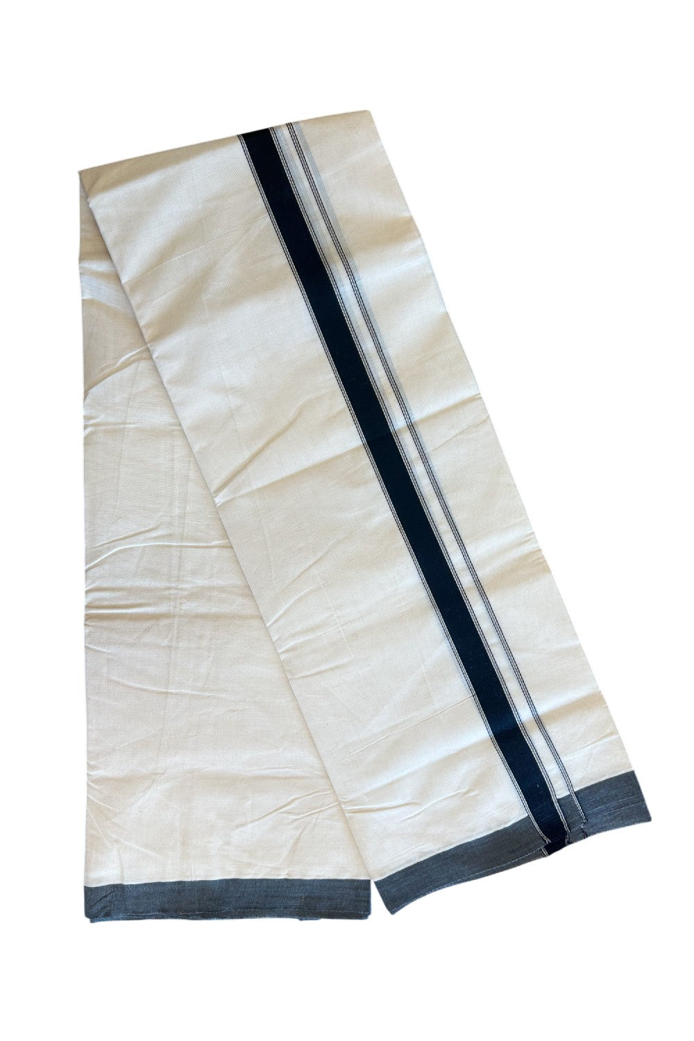 19% Discount ! KaithariKada Balaramapuram 100% Cotton Double Off white - (Unbleached) - Mundu/Dhoti- 100x80 - 1.75 inch  Black Side Striped Kara.- 4KK5101ASH