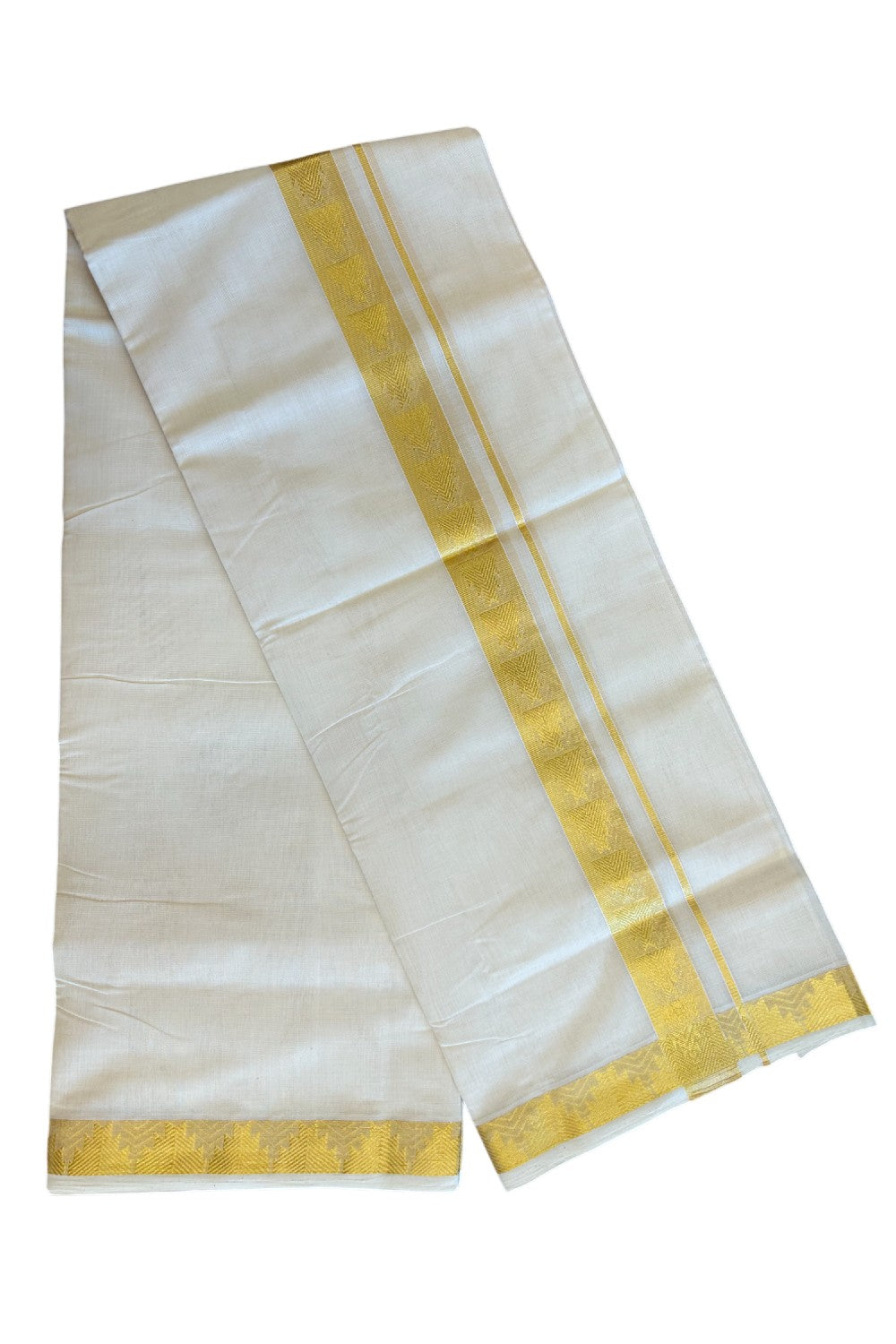 30% DISCOUNT ! KaithariKada HANDLOOM Unakkupaav Balaramapuram - 100% PURE Cotton Off White - (Unbleached) Double Mundu/Dhoti - 2.25 inch Gold Kasavu Design Kara - 4KK5107ABH