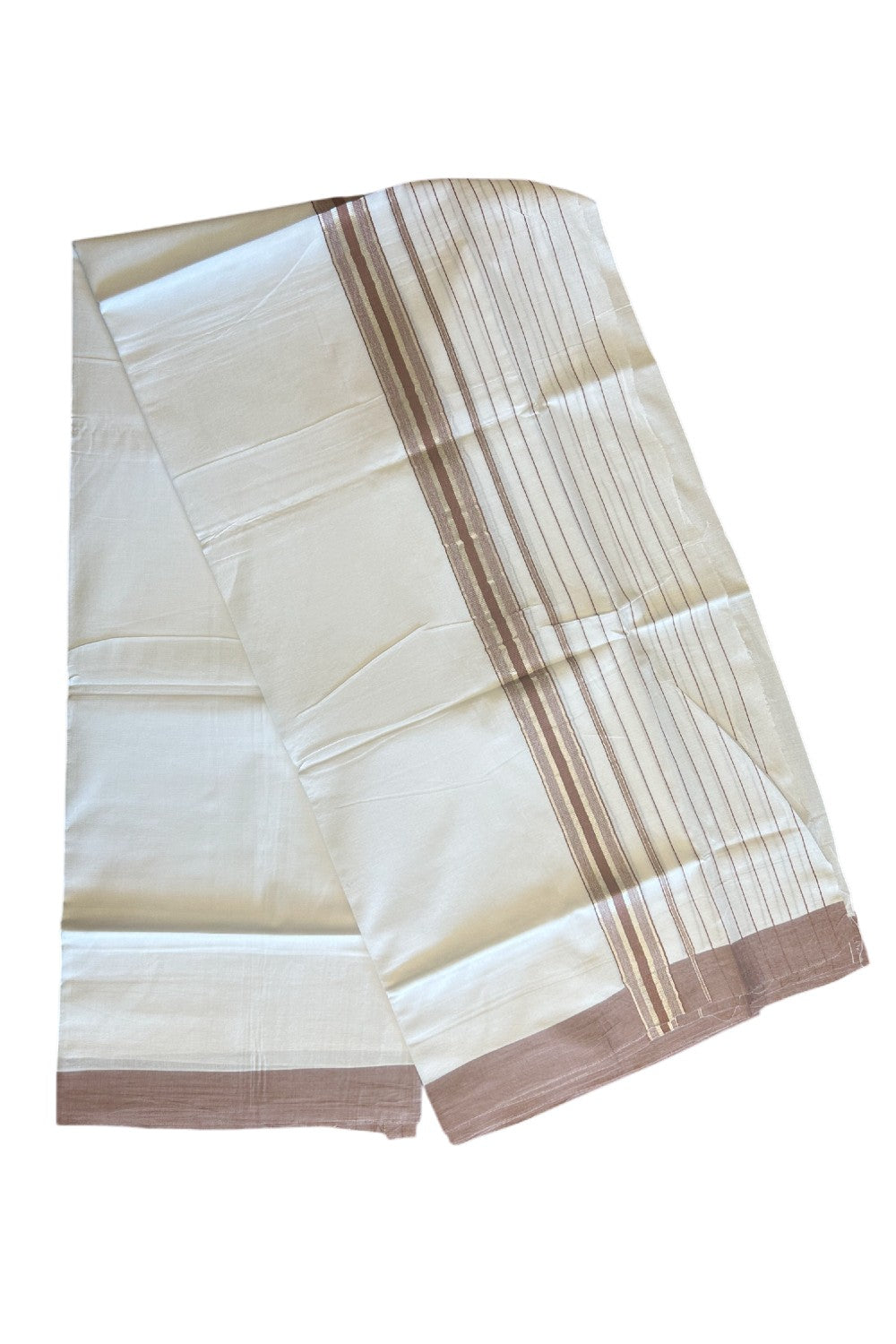 20% Discount !! KaithariKada Balaramapuram Double PURE WHITE Mundu/Dhoti- 100x80 - 6.25 inch Pale Brown & Silver Striped kara - 3.90 mtr - 4KK5112PMC