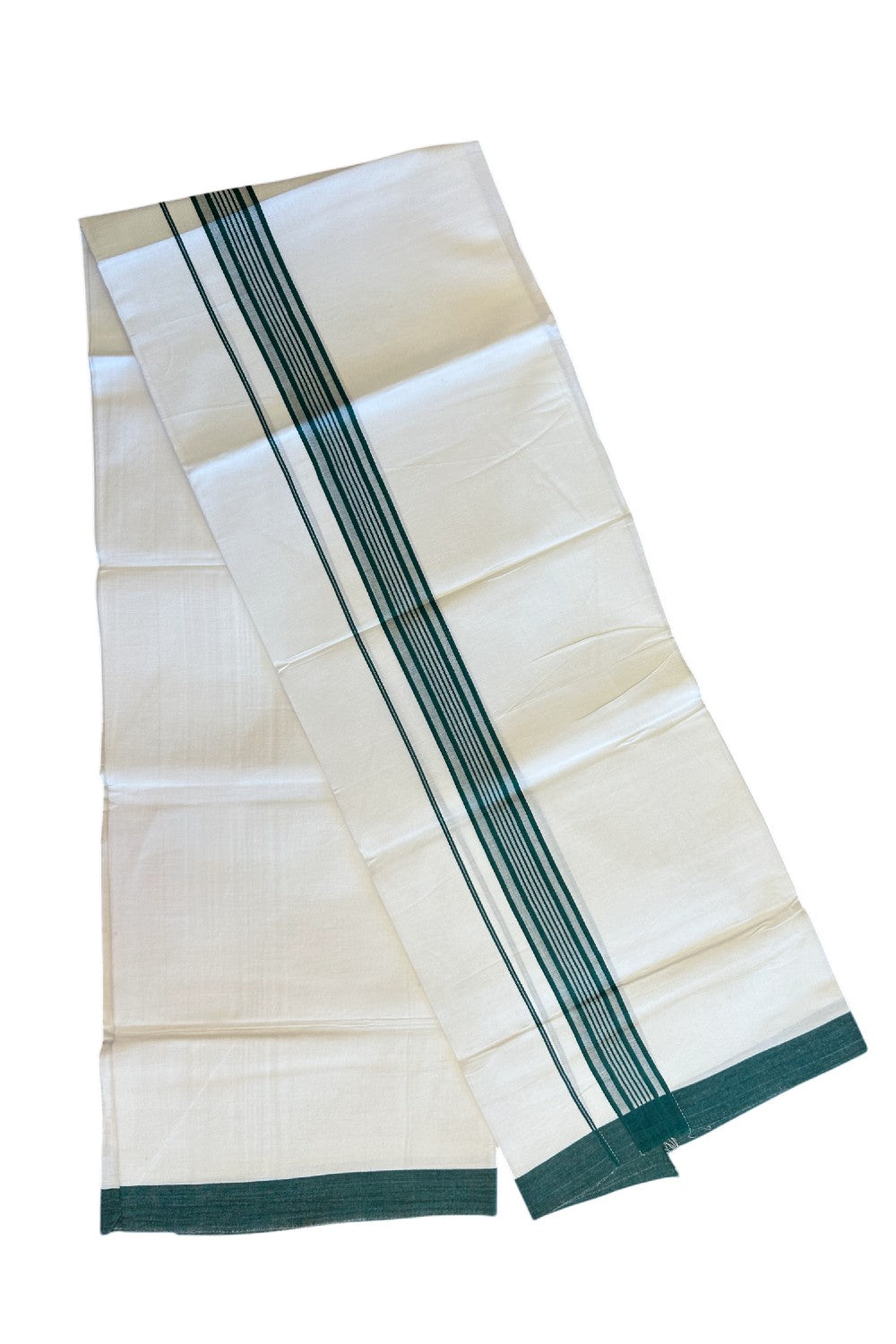 8% DISCOUNT ! KaithariKada Balaramapuram 100% Cotton Pure white Single Mundu/Dhoti - (40S) - 2 inch Green  Striped  Kara (2 meter / 4 muzham) - 4KK5115THI.