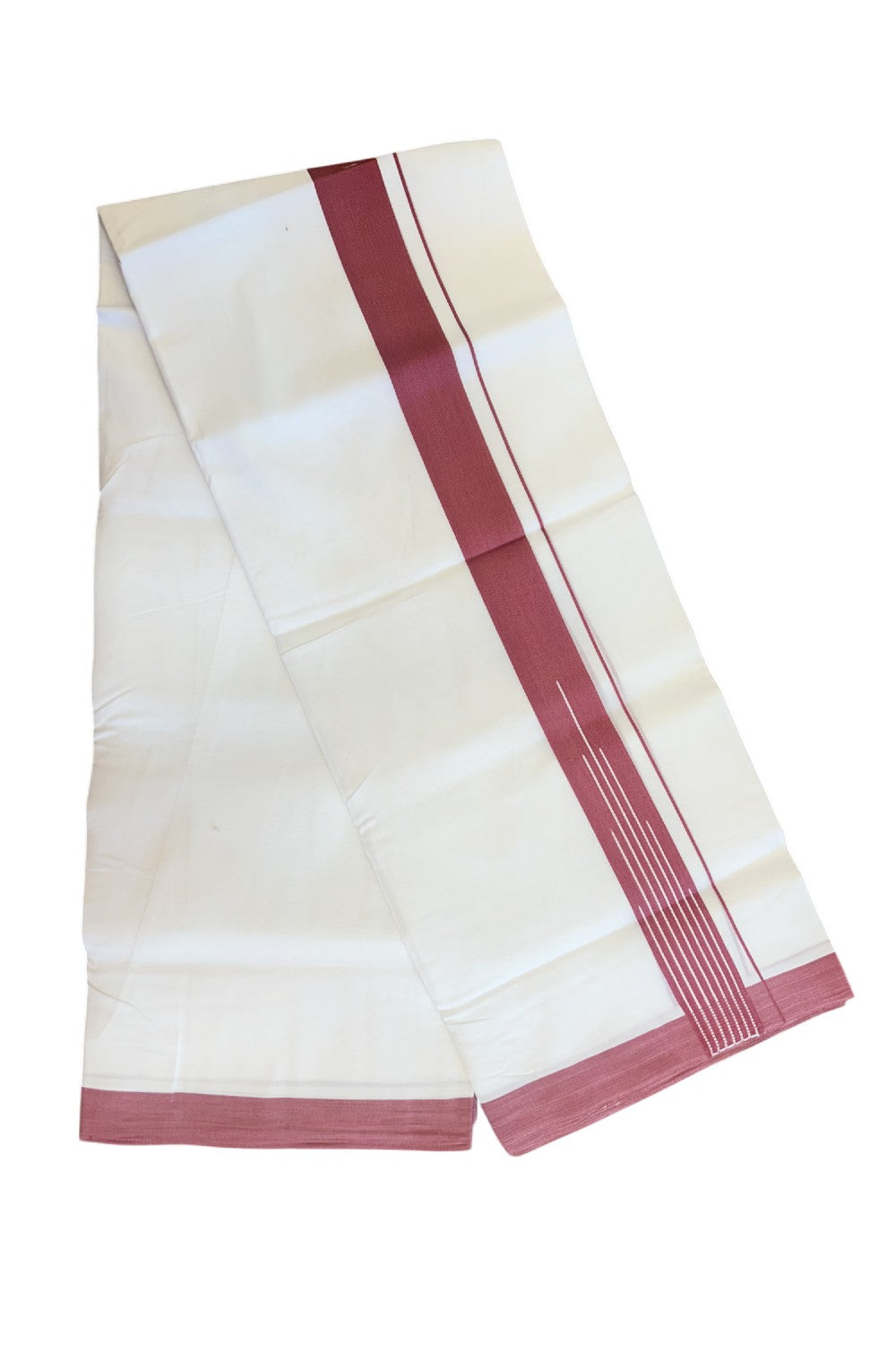 20% DISCOUNT! KaithariKada Balaramapuram 100% Cotton PURE WHITE Double Mundu/Dhoti-100x80 1.5 inch Reddish Maroon white striped chutty designer kara - 4KK5116MR