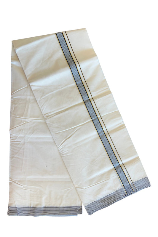 19% Discount ! KaithariKada Balaramapuram 100% Cotton Double Off white - (Unbleached) - Mundu/Dhoti- 100x100 - 1.5 inch Gold Kasavu & Navy Blue Striped Kara.- 4KK5117ASH