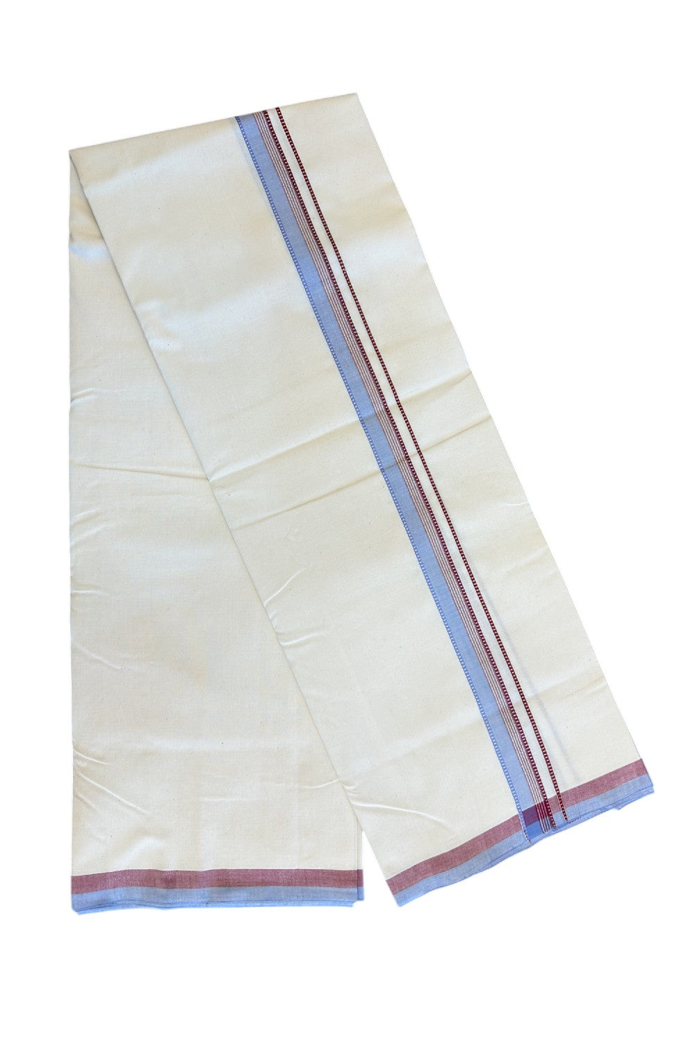 SIGNATURE KAITHARIKADA EXCLUSIVE SINGLE DHOTI -30% Discount!  100% Cotton Balaramapuram HANDLOOM Single Mundu/Dhoti - Off White - (Unbleached) 1 inch Lavender Blue & Maroon Silver gold Kasavu Muthukuri white striped kara  (2meters /4muzham) - 3KK5131KAI