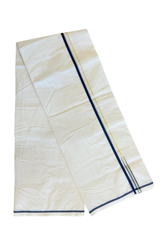 19% DISCOUNT! KaithariKada Balaramapuram 100% Cotton Double Off white - (Unbleached) Mundu/Dhoti-100x100  1.cm Chutty Puliyilakkara Kasavu & Navy Blue Kara - 4KK5133ASH