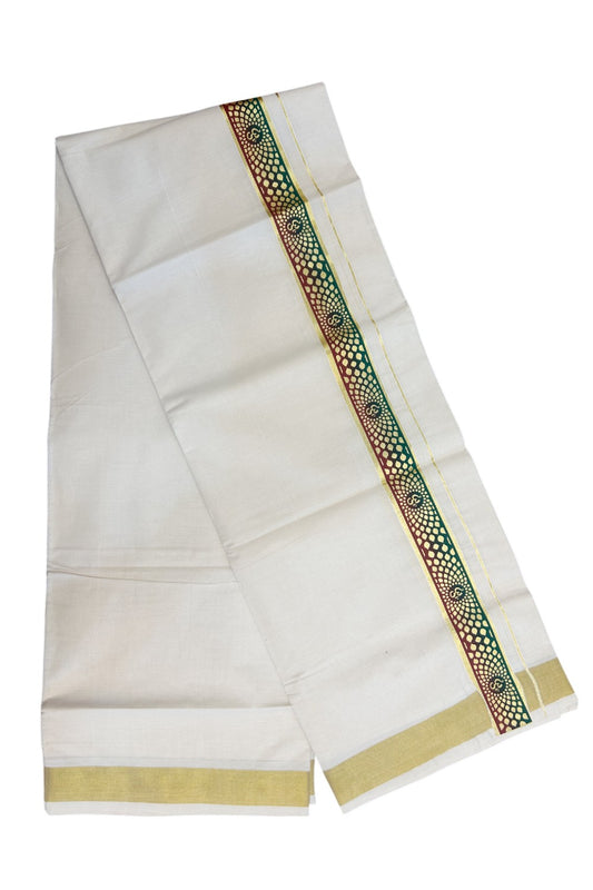 19% Discount !! KaithariKada Balaramapuram 100% Cotton Double Off white - (Unbleached) Mundu/Dhoti-100X80- 1.5 inch Hand Painted Kasavu Maroon & Green OHM Design Kara- 4KK5135GAN