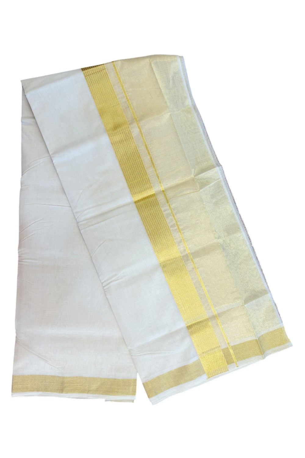 30% DISCOUNT! KaithariKada HANDLOOM Unakkupaav Balaramapuram - 100% PURE Cotton Off White (Unbleached) -  Double Mundu/Dhoti - 100x100 -  7 inch Gold Kasavu Striped Kara & Half Tissue- 4KK5141ABH