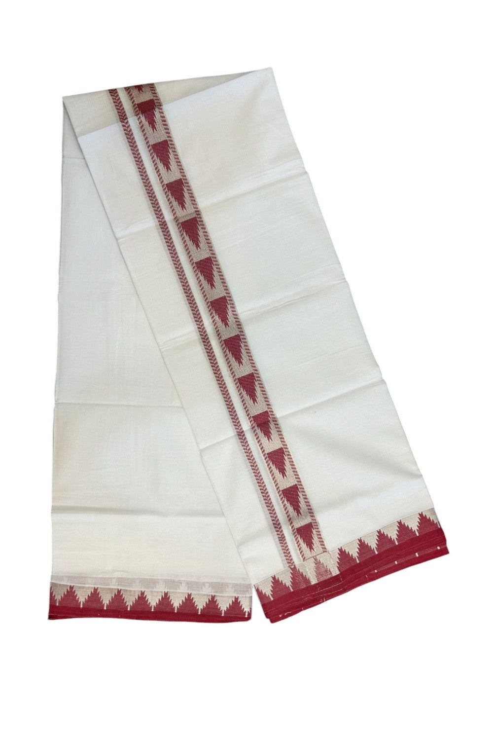 20% DISCOUNT! KaithariKada Balaramapuram 100% Cotton Double PURE white Mundu/Dhoti - 100x80 - 1.25 Inch Magenta Red & Silver kasavu Temple Design Kara - 4KK5147PMC