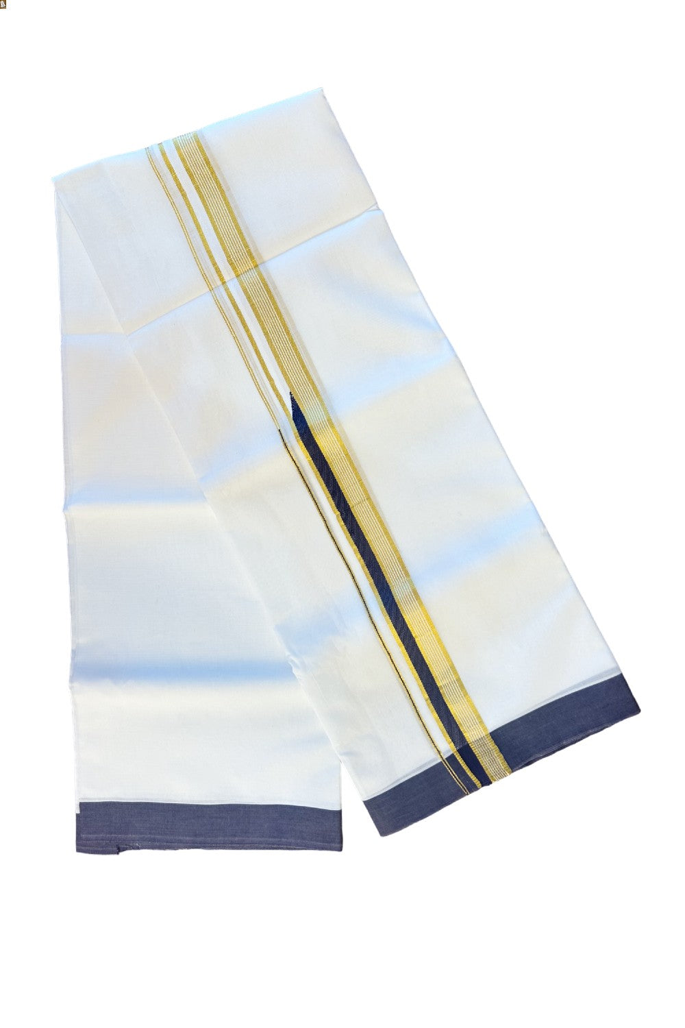 15% DISCOUNT! KaithariKada Balaramapuram 100% Cotton  PURE white Double Mundu/Dhoti-100x100  2 Inch Chutty Heavy Designer navy Blue &  Kasavu Kara-4KK62ASH