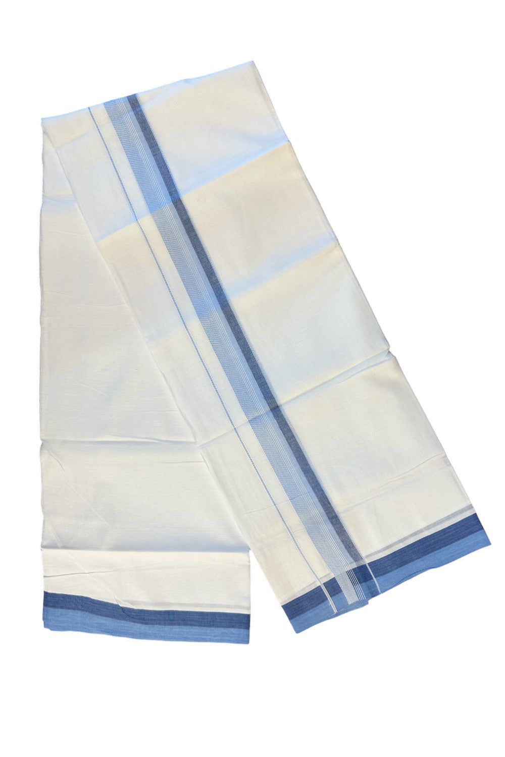 21% DISCOUNT!! Kaitharikada Balaramapuram 100% Cotton Ultra WHITE Double Mundu/Dothi-100x80   2.25 Inch BLUE & WHITE STRIPED Cotton Kara -4KK63VIN