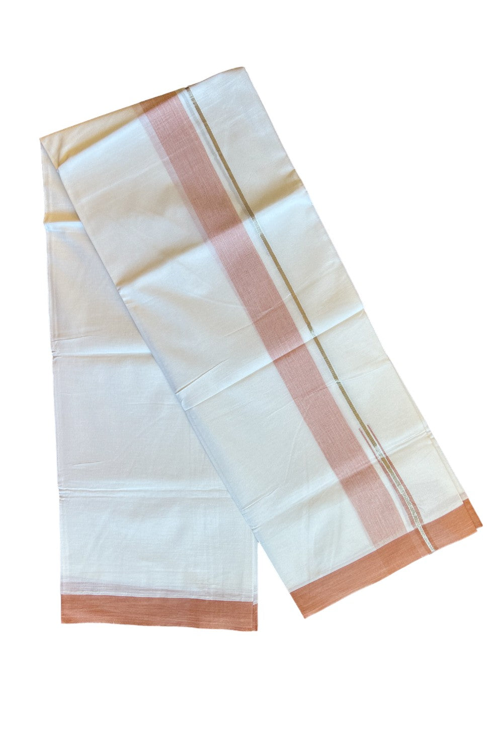 21% DISCOUNT! KaithariKada Balaramapuram 100% Cotton PURE WHITE Double Mundu/Dhoti-100x92 Puliyilakkara Chutty Silver Kasavu & Orange Brown 2.5 inch Shaded Kara - 4KK73VAS