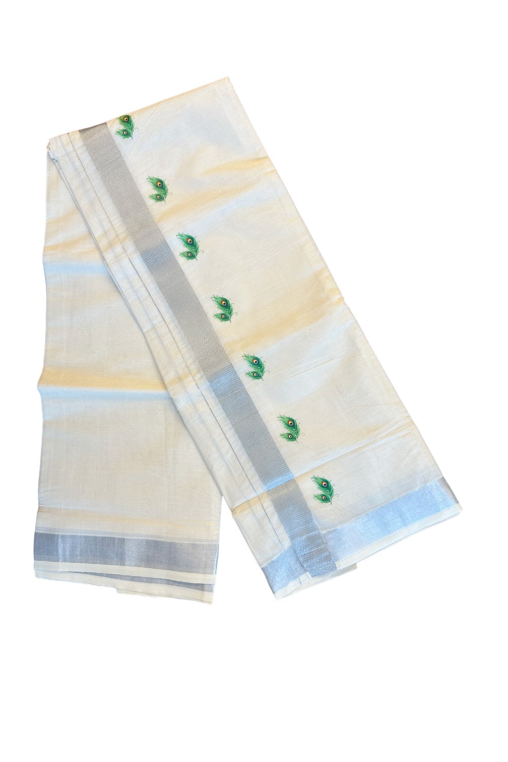 18% Discount !! KaithariKada Balaramapuram 100% Cotton Double Off white Mundu/Dhoti-80x72- 2.5inch Hand Painted Silver Kasavu Peacock feather Design - 4KK78PMC