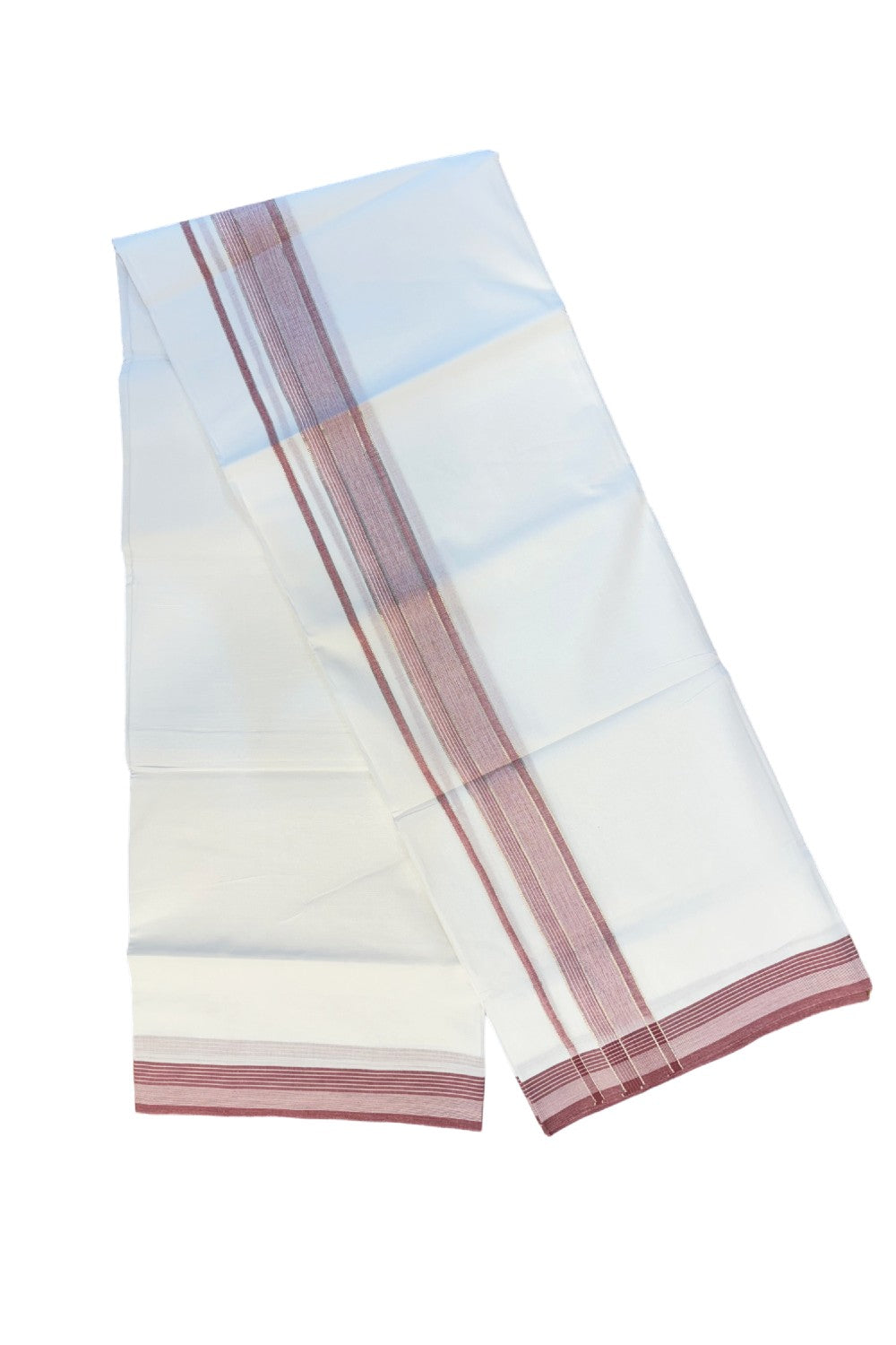 19% DISCOUNT!!! KaithariKada Balaramapuram 100% Cotton Double PURE white Mundu/Dhoti-100x100   2.5 Inch Silver kasavu  stripes & red+white  shaded Kara  - 4KK83VIN