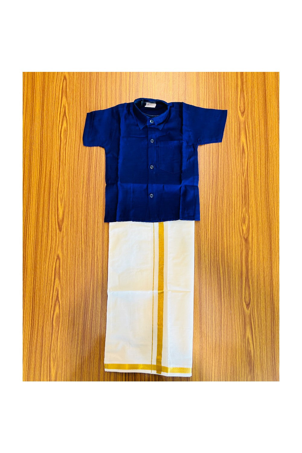 10% DISCOUNT !!! Yuvraj-Traditional South Indian Kids Shirt & Dhoti- Dark blue Shirt Off white Kasavu Dhoti Age 1 - 4KK89YUV1.