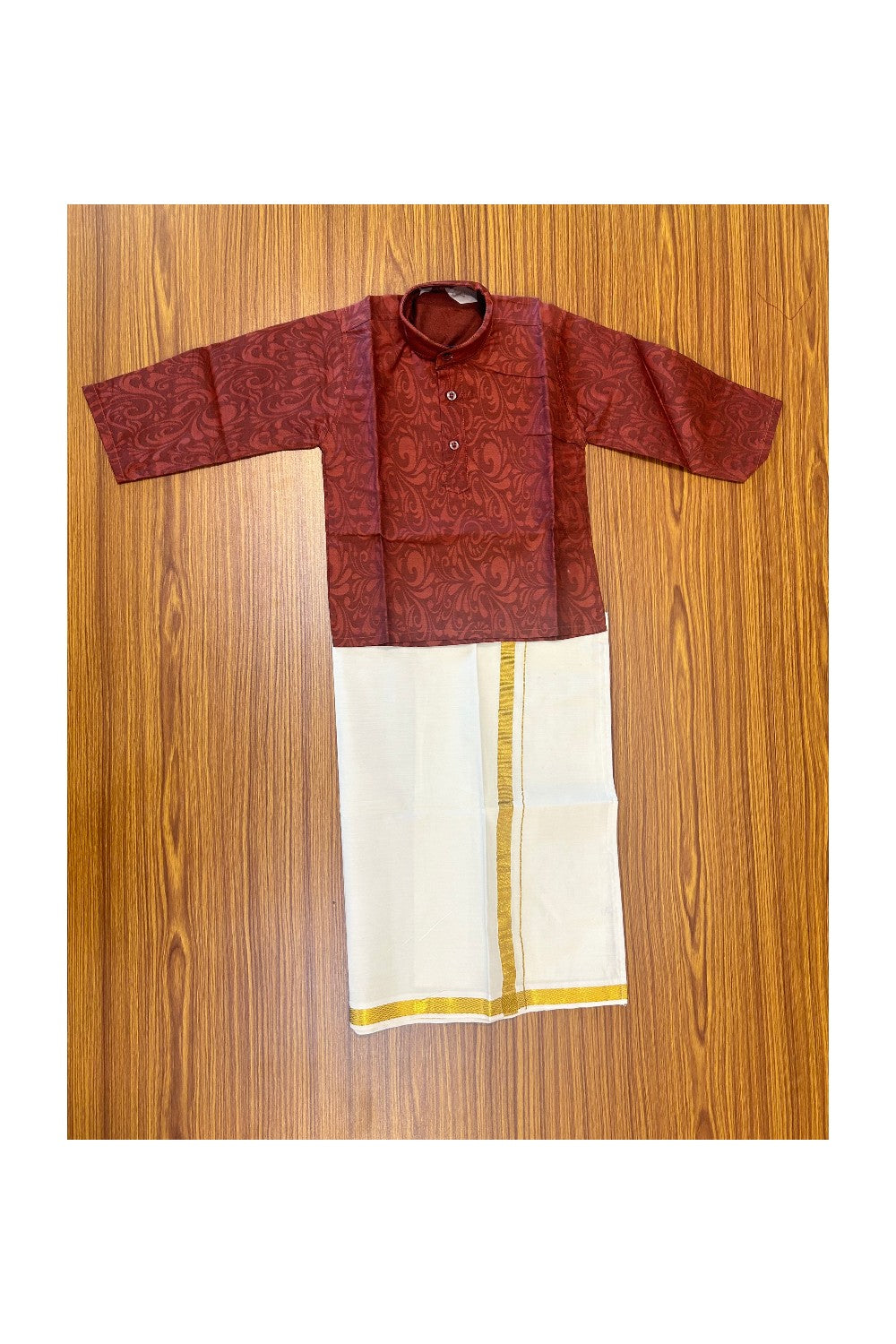 10% DISCOUNT !!! Kaitharikada -Traditional South Indian Kids Cotton Kurta & Dhoti- Brown Kurta with emboss work & Off white Kasavu Dhoti Age 1- 4KK91YUV1.