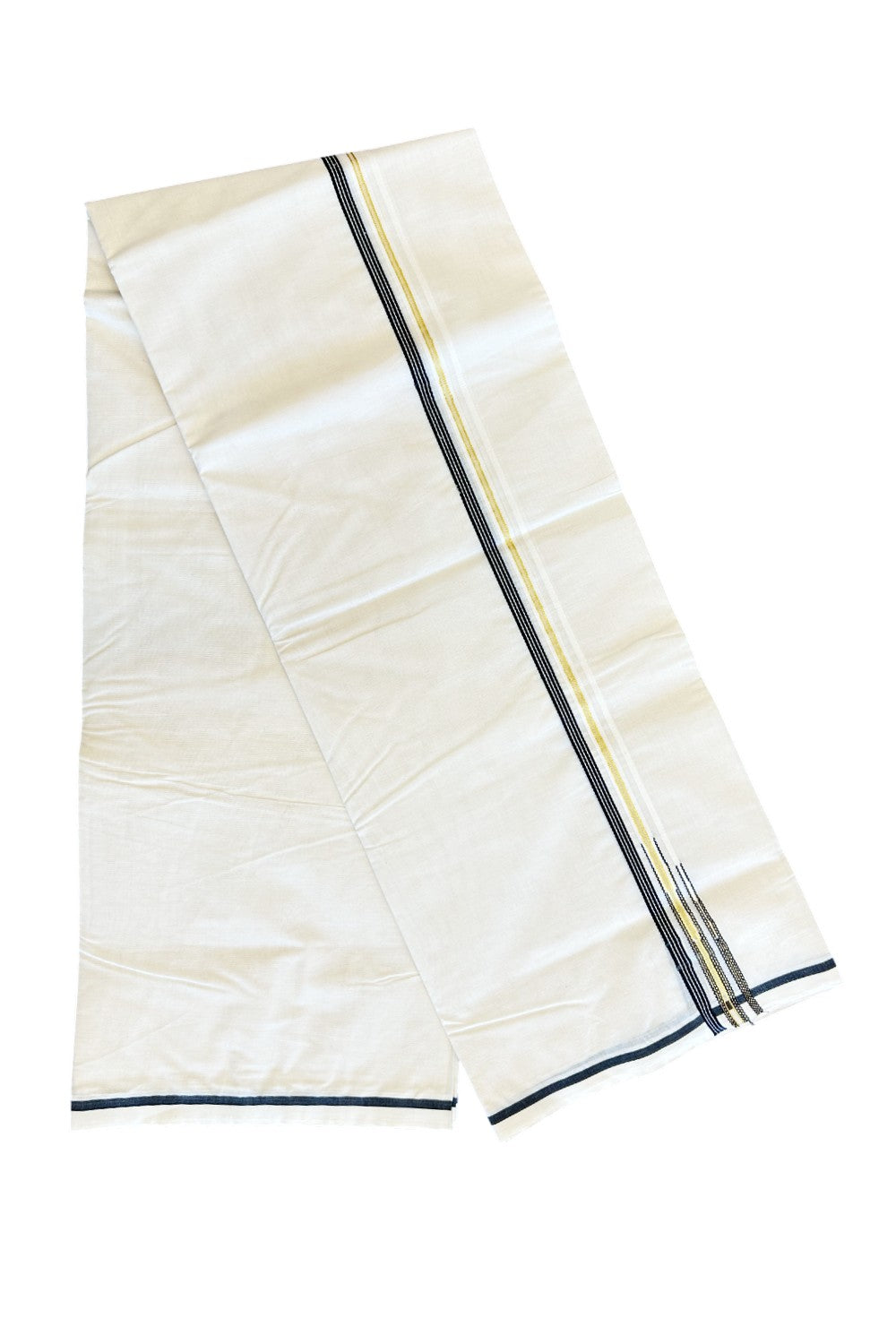 27% Discount Latest!! KaithariKada Balaramapuram 100% Cotton Double Off white Mundu/Dhoti-100x100 1.cm  Puliyilakkara Black Striped kara & Kasavu Double Chutty - 4KK5019ASH