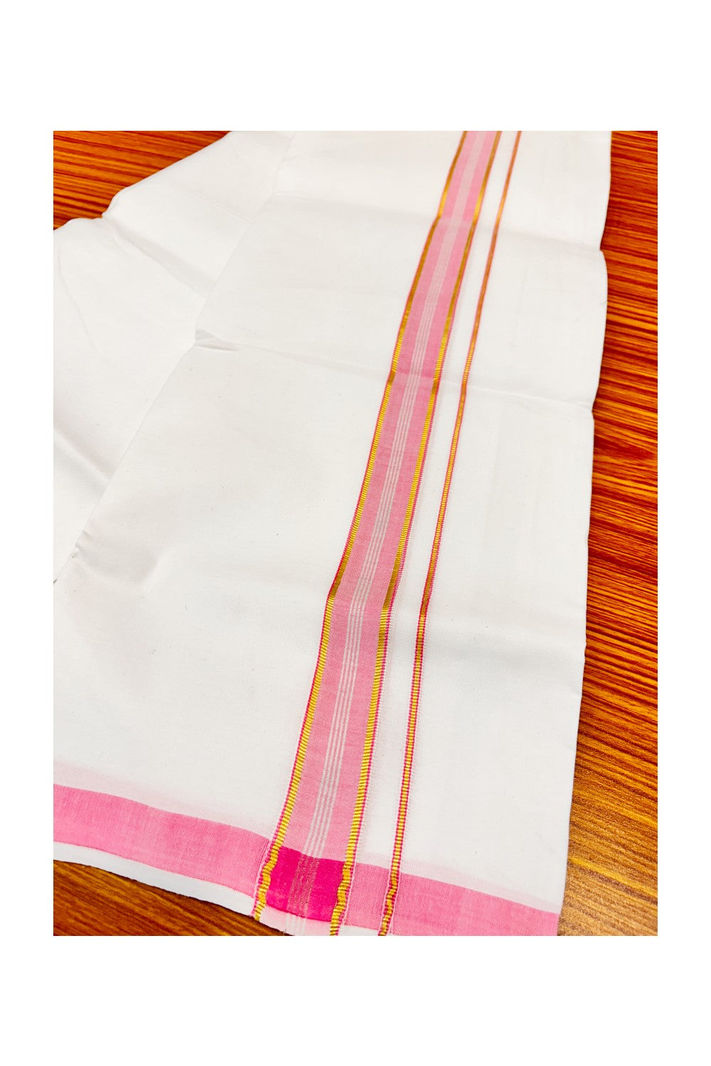 20% OFFER! KaithariKada 100% Cotton Balaramapuram HANDLOOM Single  PURE WHITE Mundu/Dhoti - 1.75inch Pink Kasavu Kara & Stripes - 4KAI.