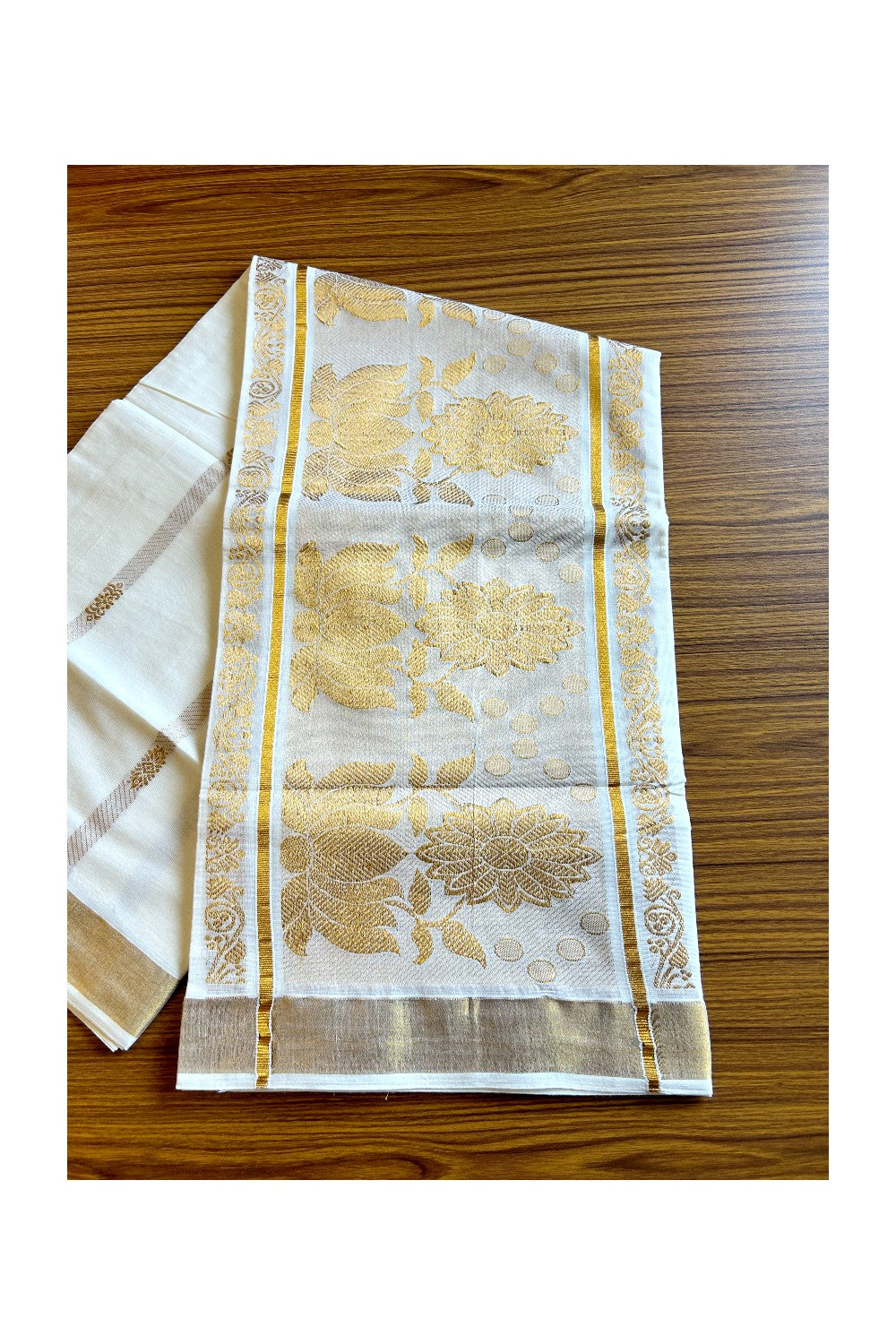 Kaitharikada Kerala Cotton Saree Off white - 32 inch Kasav Zari with Flower Pattern Putta Design- 4KK1002JEE