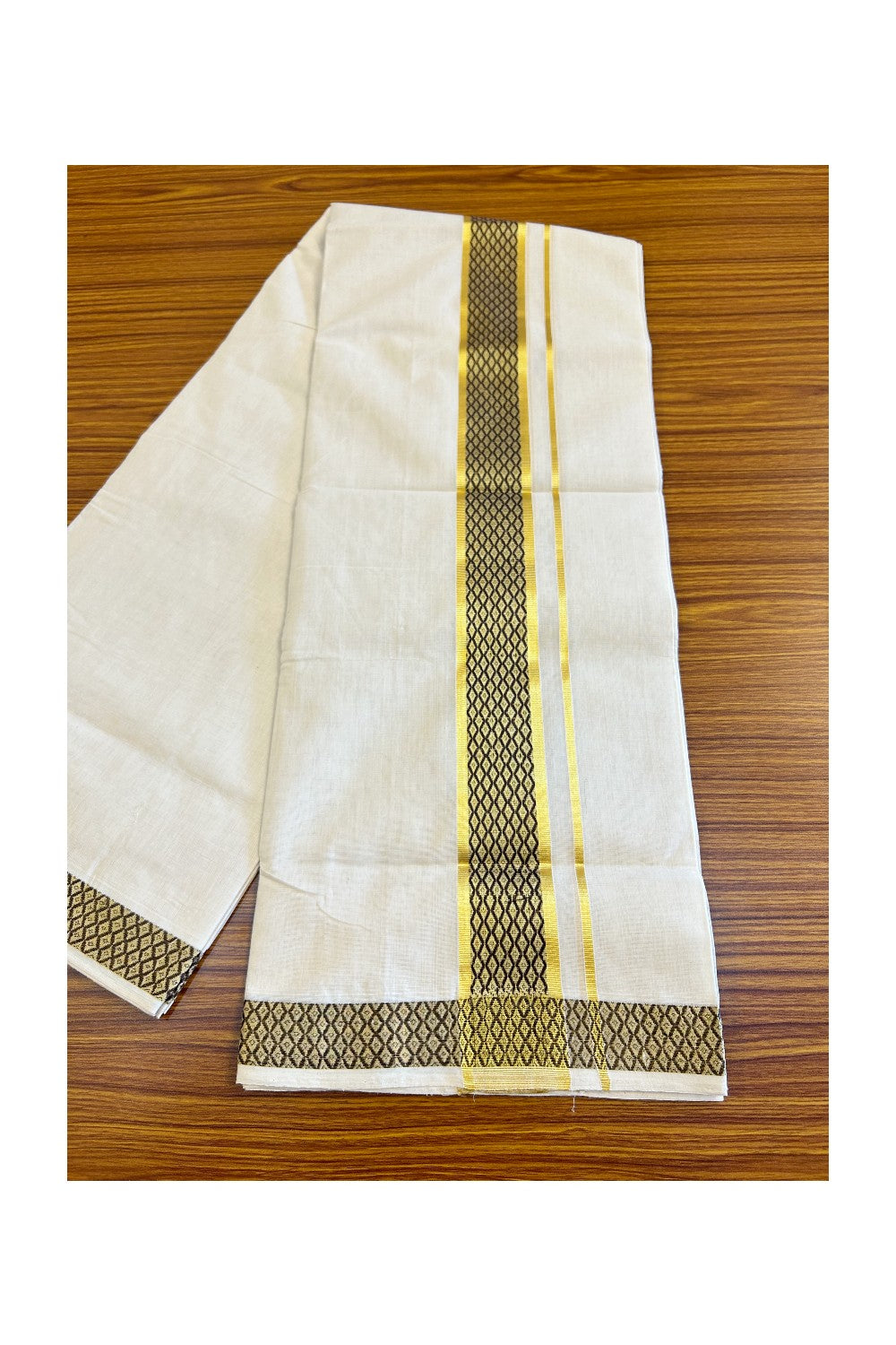 15% Discount!!! KaithariKada HANDLOOM UNAKKUPAAV Balaramapuram - 100% PURE Cotton off white Double Mundu/Dhoti - 2.75 inch Kasavu & brown pattern kara - 4KK415SOM