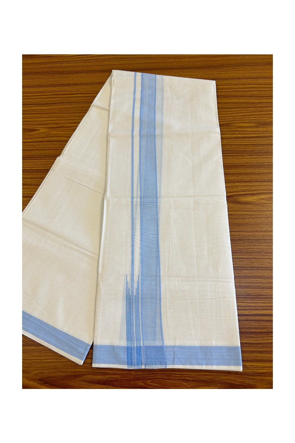 ONAM OFFER 22%! KaithariKada Exclusive 100% PREMIUM Cotton OFF WHITE (Unbleached) Double Dhoti/Mundu- Cotton Sky Blue Kara Printed Striped Chutty - 4KK426MC