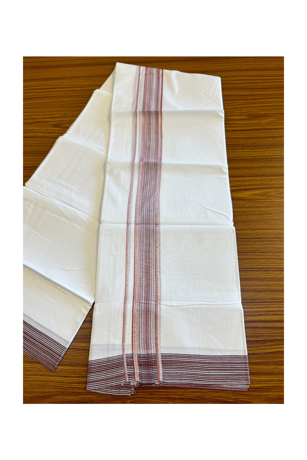 14% DISCOUNT!! Kaitharikada Balaramapuram 100% Cotton Ultra WHITE Double Mundu/Dothi-100x90  2.5 Inch  Silver kasavu Brick red & white shaded kara with black stripes - 4KK430VAS