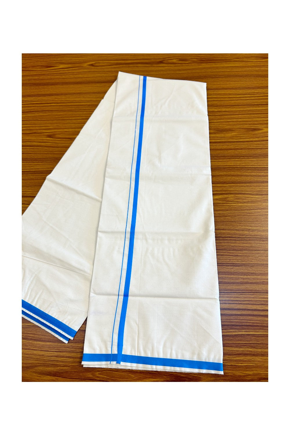 10% DISCOUNT ! KaithariKada Balaramapuram 100%  Cotton Single Off white Mundu/Dhoti-100X100- 0.5 inch BLUE Kara-8KK76MC.