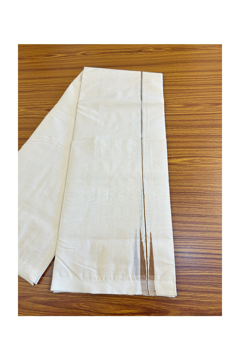 15% DISCOUNT!! KaithariKada HANDLOOM Millpaav Balaramapuram - 100% PURE Cotton OFF White - (Unbleached) Double Mundu/Dothi - 2 cm Puliyilakkara silver kasavu Brown chutty - 4KK476RAM