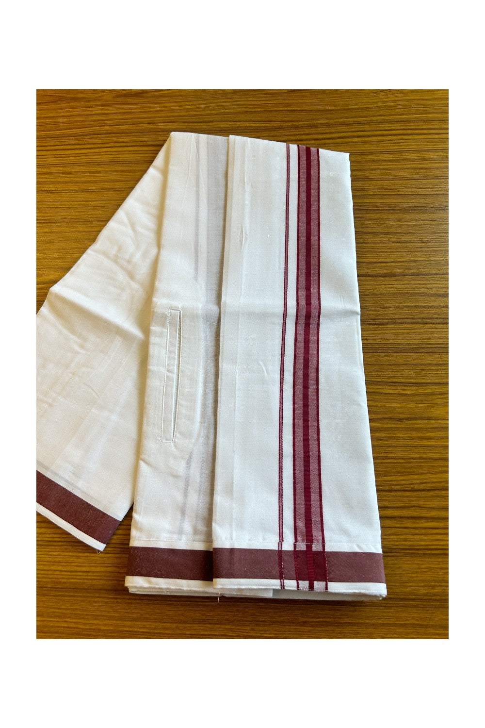 KaithariKada Balaramapuram COTTON SINGLE PURE WHITE VELCRO Mundu/Dhoti  - 1.75inch Maroon kara - 4KK485SRI