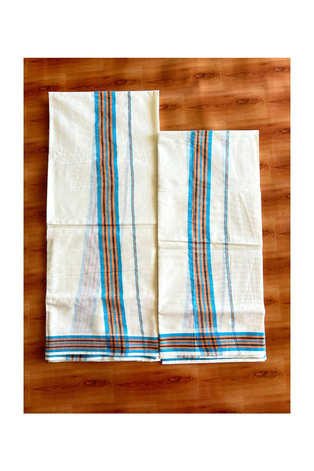 16% Discount!! KaithariKada - Kerala Cotton Single Set Mundu Blue, Orange & Black Striped Mulloth Kara- 4KK494VIN