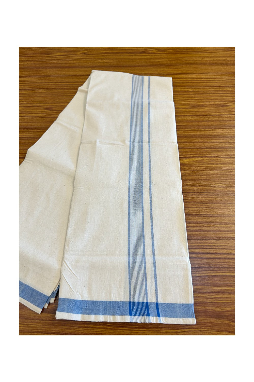 32% Discount KaithariKada 100% Cotton Balaramapuram HANDLOOM Single Mundu/Dhoti - Off White- (Unbleached) 2 inch Blue Stripes Kara - 4KK499KK