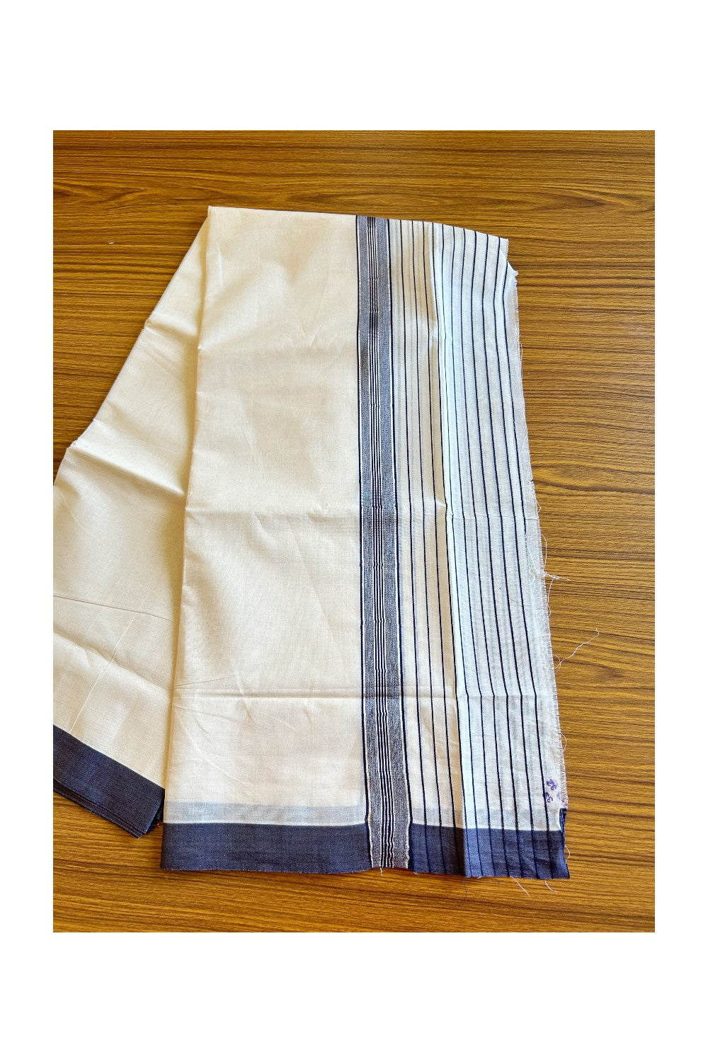 28% Discount !! KaithariKada Balaramapuram Double Off white Mundu/Dhoti- 80x90- 7 inch Navy Blue & Silver Striped kara 3.92m- 4KK5006PMC