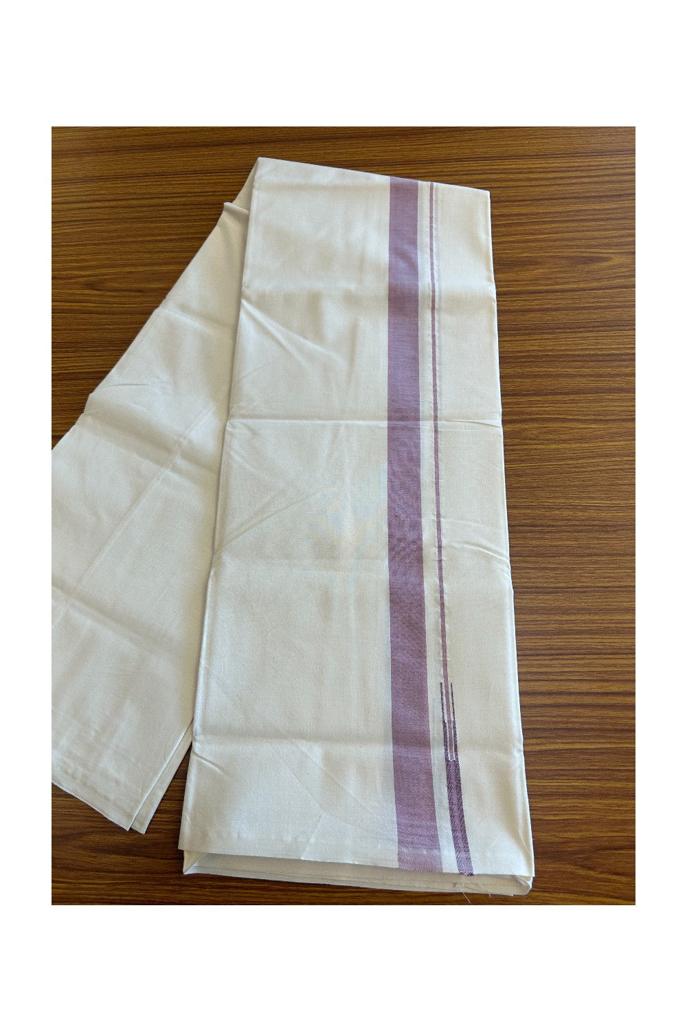 19% DISCOUNT ! KaithariKada Balaramapuram 100% COTTON SINGLE OFF WHITE - (Unbleached) Mundu/Dhoti-Twisted 100s Thread- 1.75 inch Purple Puliyilakkara Chutty (2 metre / 4 muzham)- 4KK5012ASH