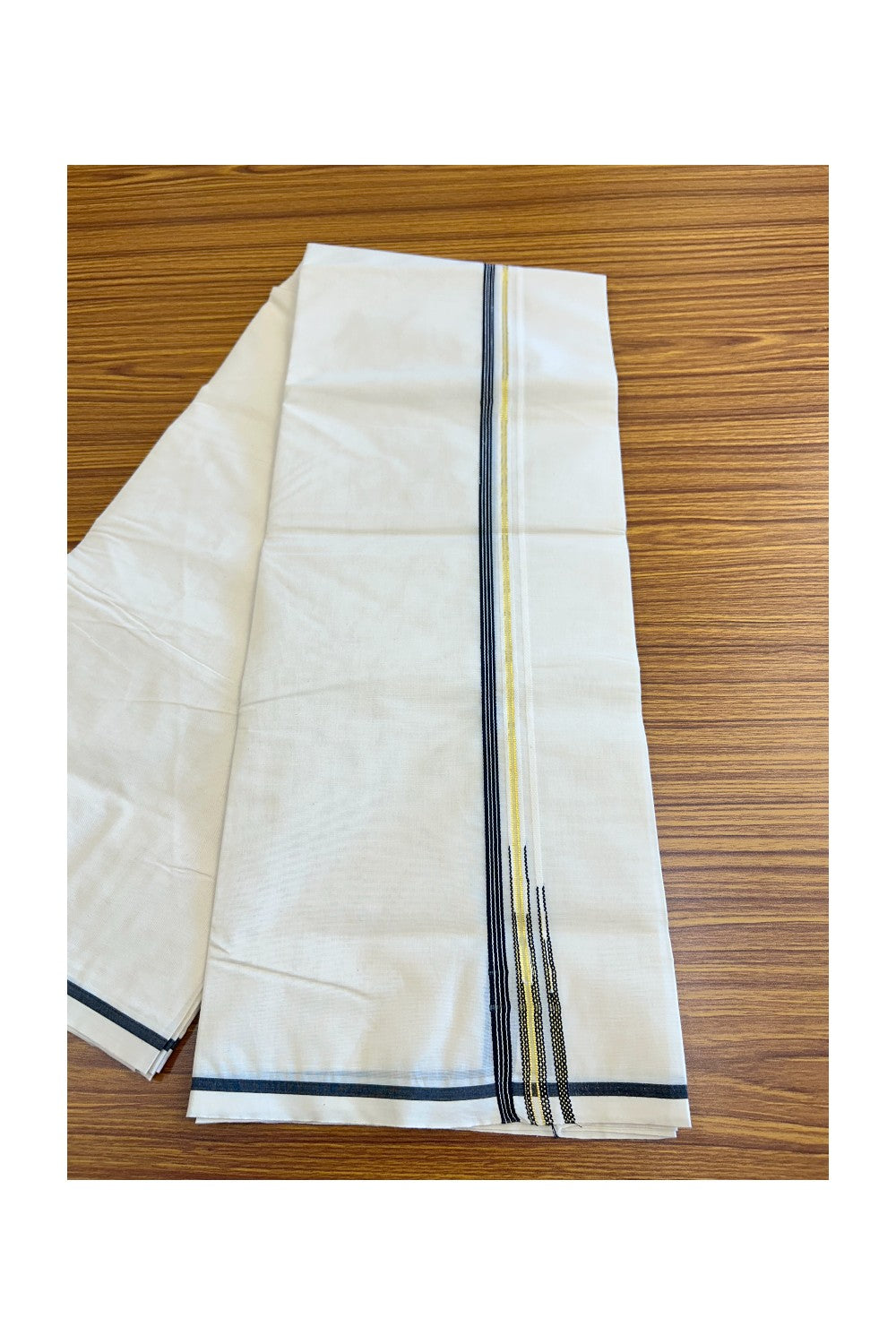 27% Discount Latest!! KaithariKada Balaramapuram 100% Cotton Double Off white Mundu/Dhoti-100x100 1.cm  Puliyilakkara Black Striped kara & Kasavu Double Chutty - 4KK5019ASH