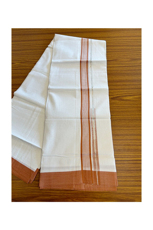 Kaitharikada  Balaramapuram 100% Pure Cotton PURE WHITE Double Mundu/Dothi - 80x92 - 1.5 Inch Dark Orange & Silver striped Chutty kara - 4KK5022VAN