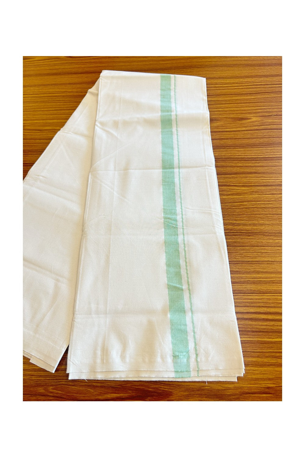 20% DISCOUNT ! KaithariKada Balaramapuram 100% COTTON SINGLE OFF WHITE - (Unbleached) Mundu/Dhoti-Twisted 100s Thread- 1.5 inch Light Green shaded Kara (2 metre / 4 muzham)- 4KK5023ASH